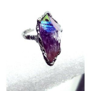 Amethyst rainbow aura crystal ring adjustable